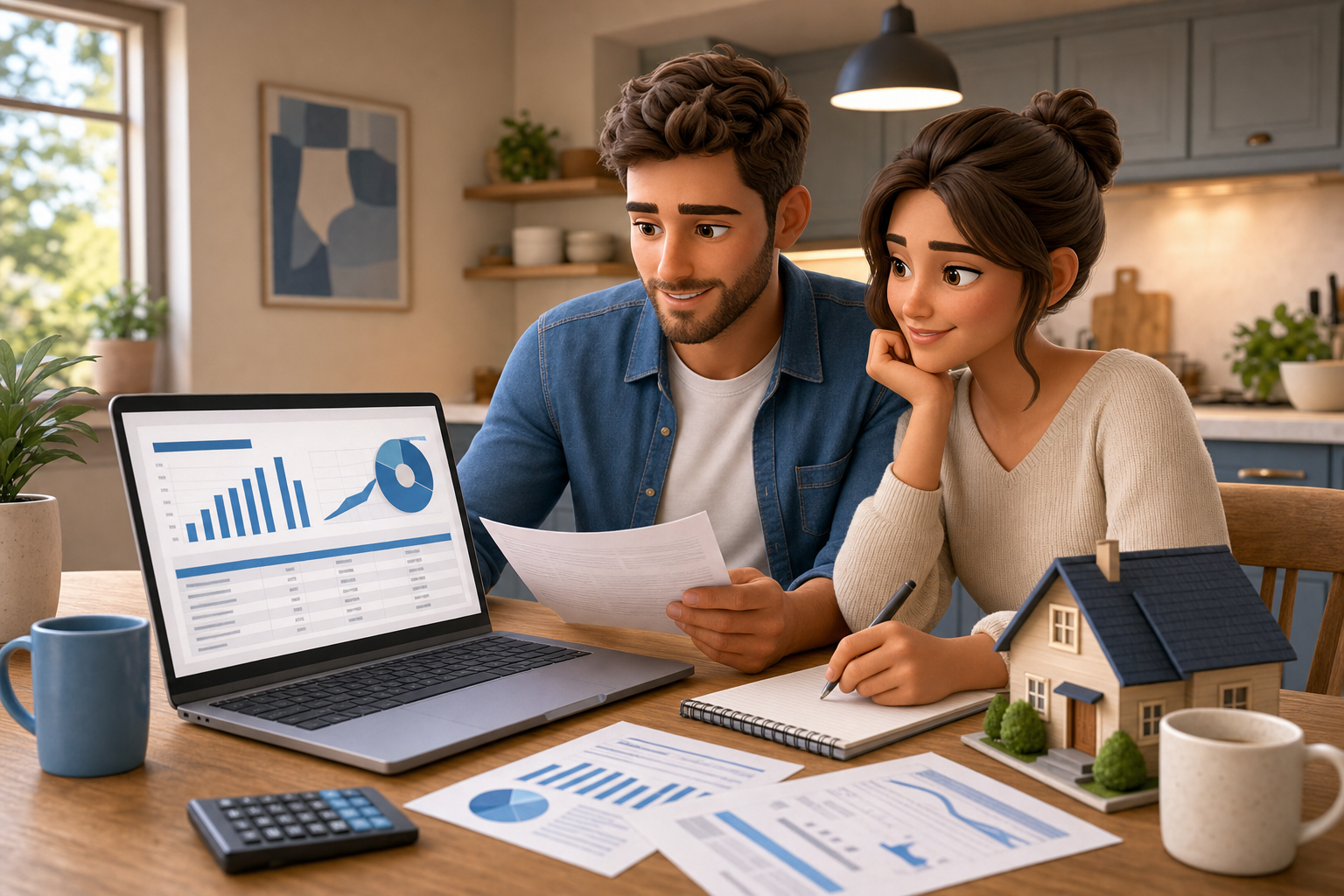 Couple reviewing loan payments on laptop — 3D illustration