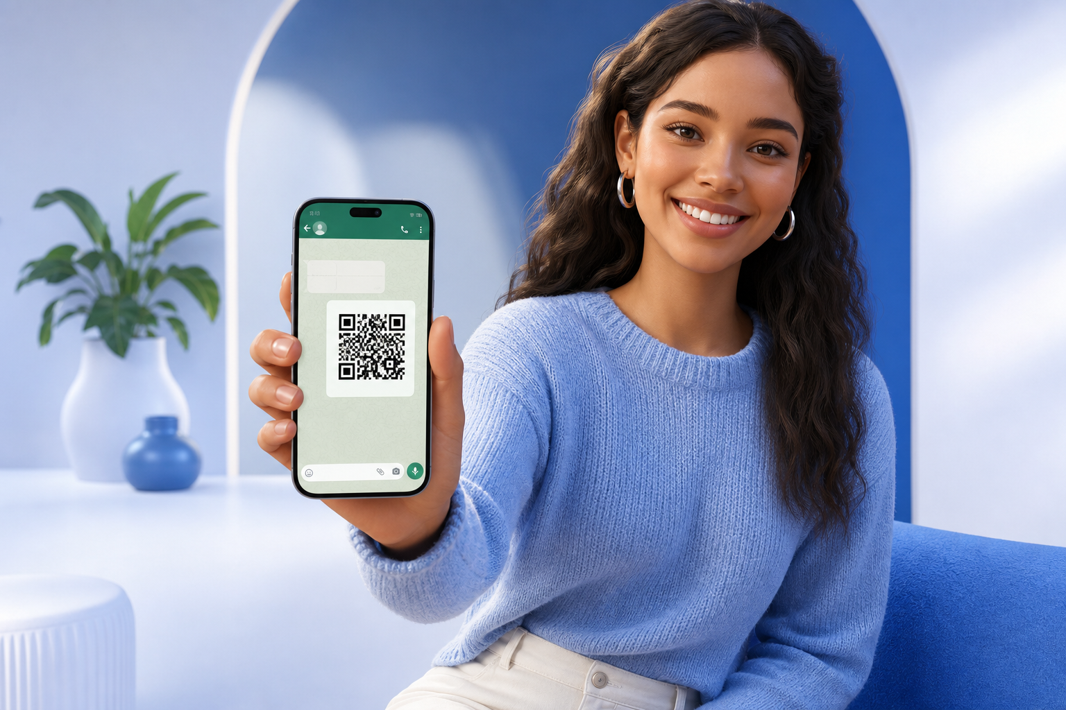 Woman scanning WhatsApp QR code on smartphone — 3D illustration