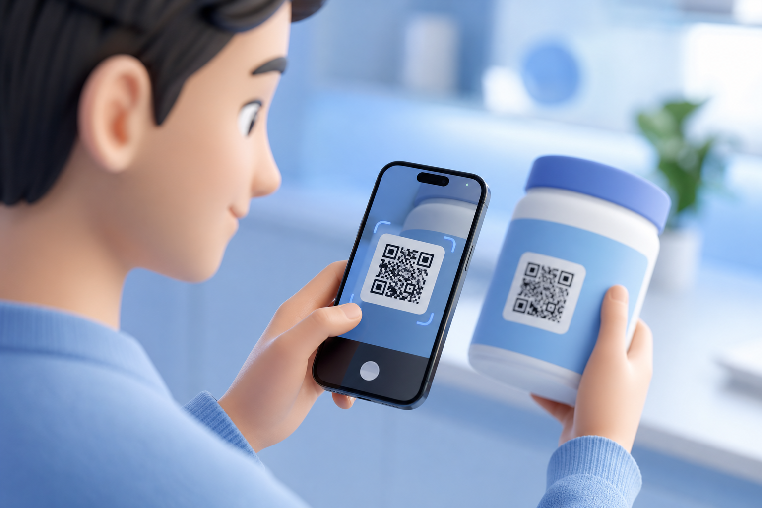 Person scanning QR code with phone — 3D illustration
