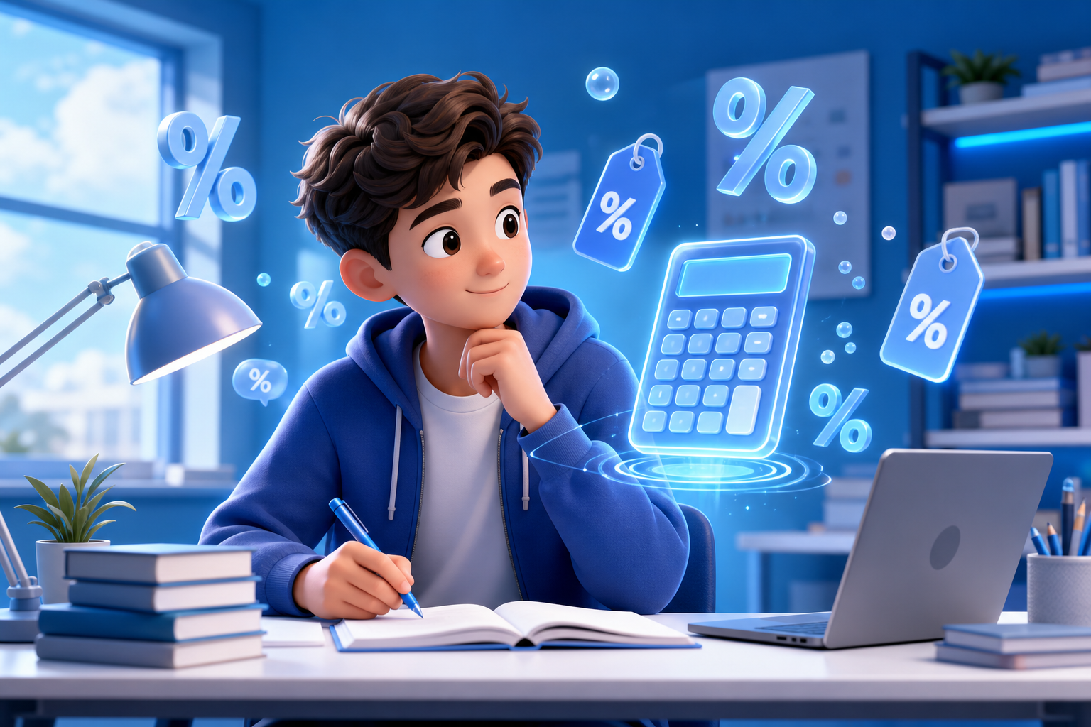 Student using percentage calculator — 3D illustration
