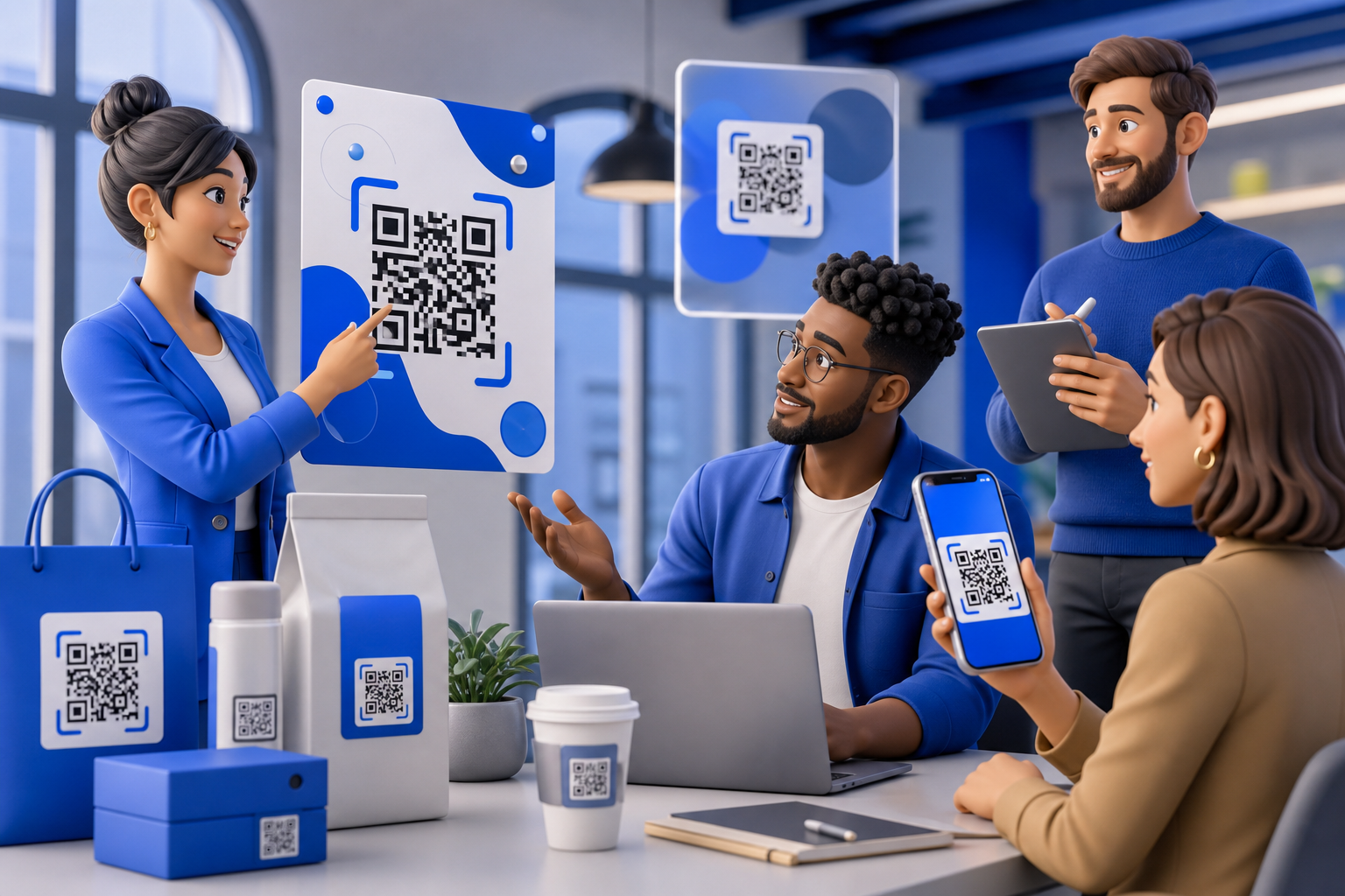 QR code marketing team in modern office — 3D illustration