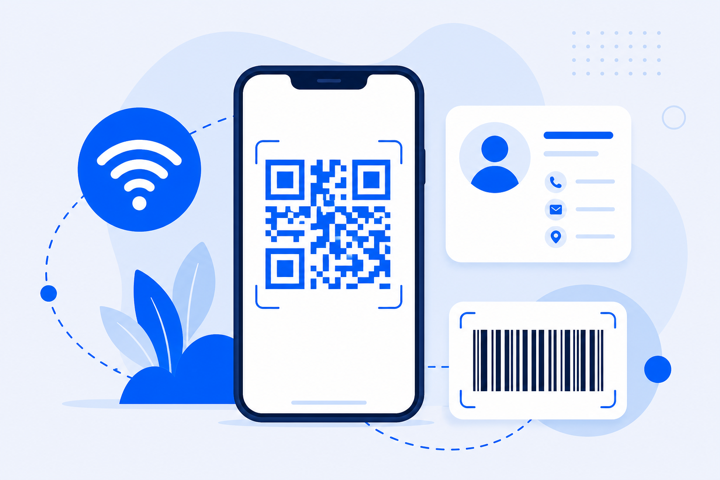 QR code generator, WiFi, and contact card tools